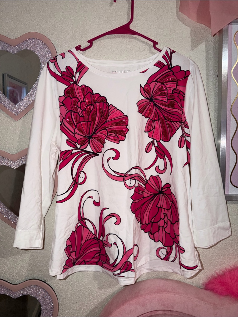 Chico's White Long-Sleeve Tee with Bold pink Floral Print